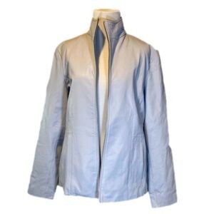 Cole Haan Grey Leather Jacket Zip Front Wing Standing Collar On-seam Pockets